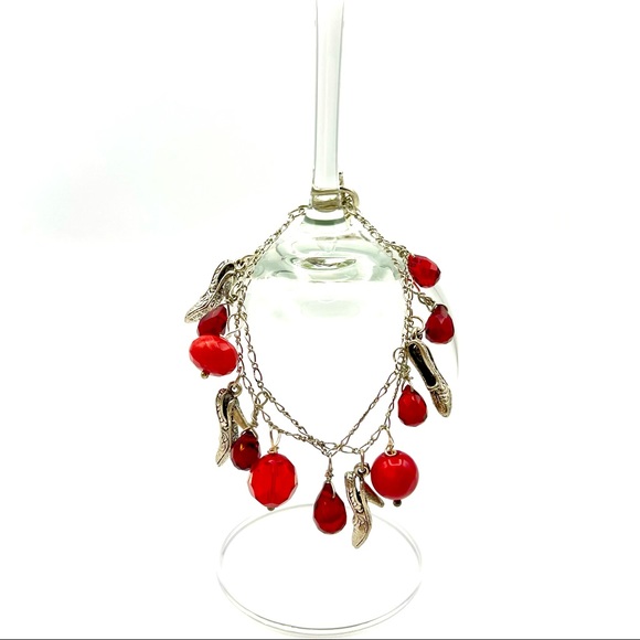 NWT DOUBLE STRAND CRYSTAL CHARM BRACELET IN REGAL RED TONES & SILVER TONED SHOES - Picture 4 of 15